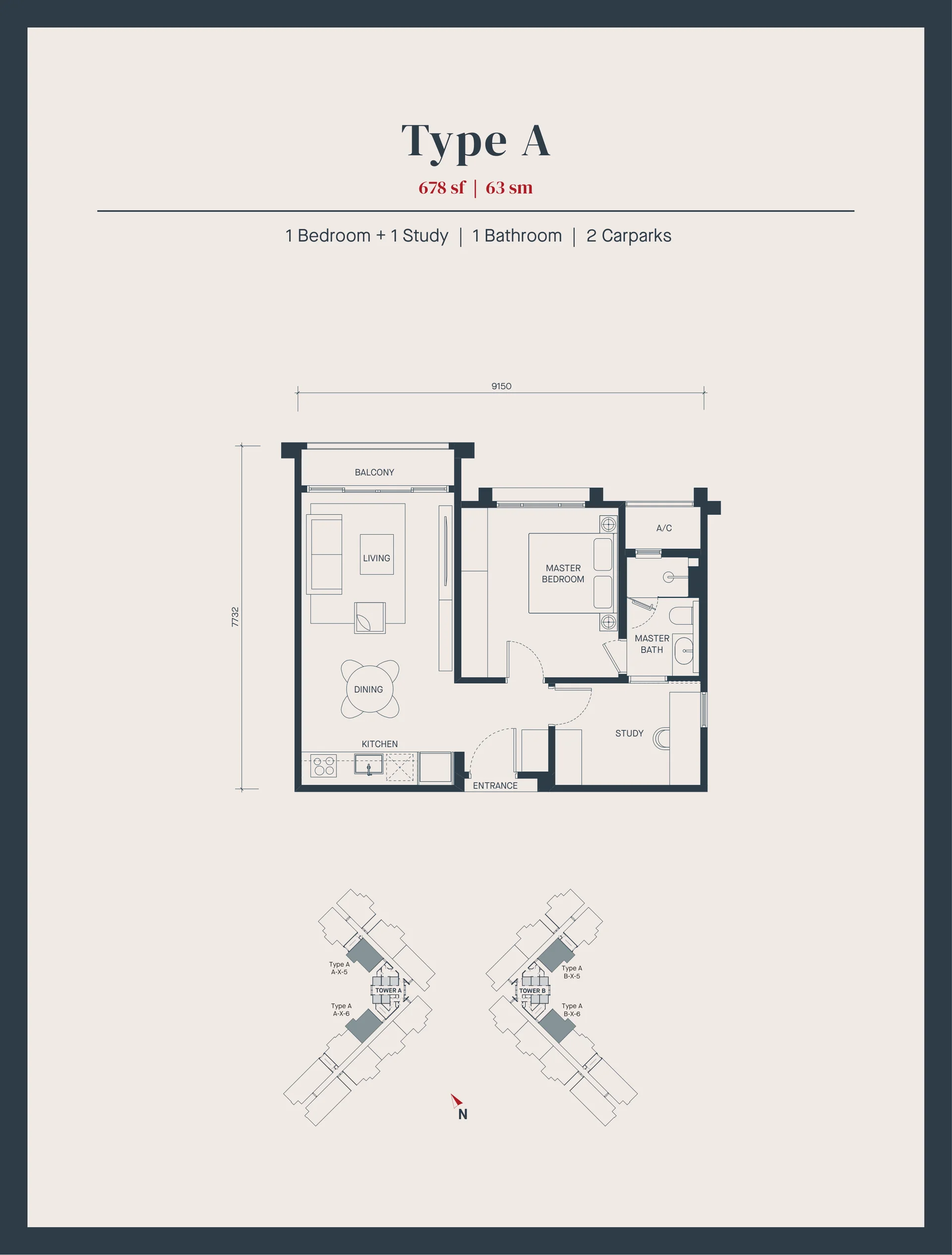 AVÉA Type A floor plan 678 sq ft 1 bedroom 1 study