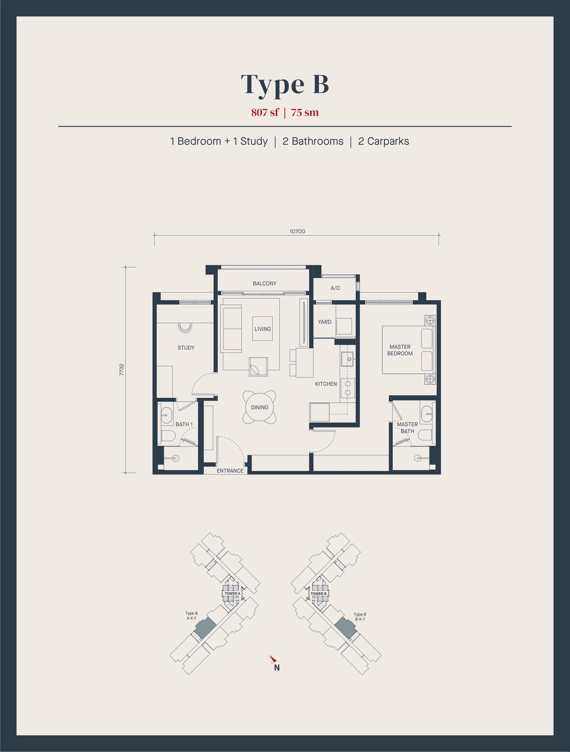 AVÉA Type B floor plan 807 sq ft 1 bedroom 1 study 2 bathrooms